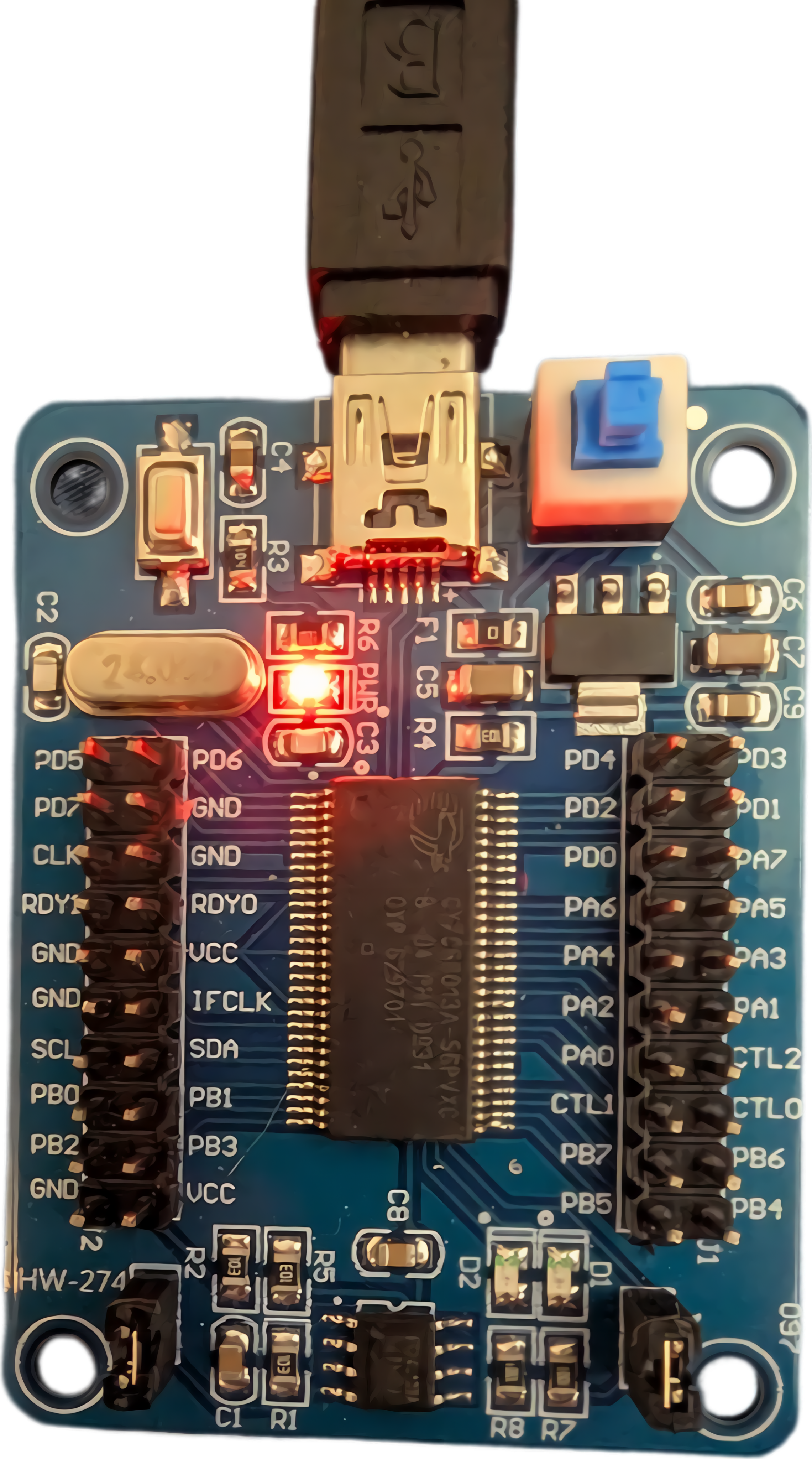 HW-274 CY7C68013A FX2LP board with silkscreen labels visible